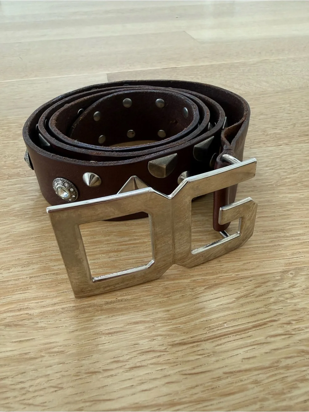 Authentic Dolce & Gabbana Studded Brown Leather Men’s Belt - DG Silver Buckle